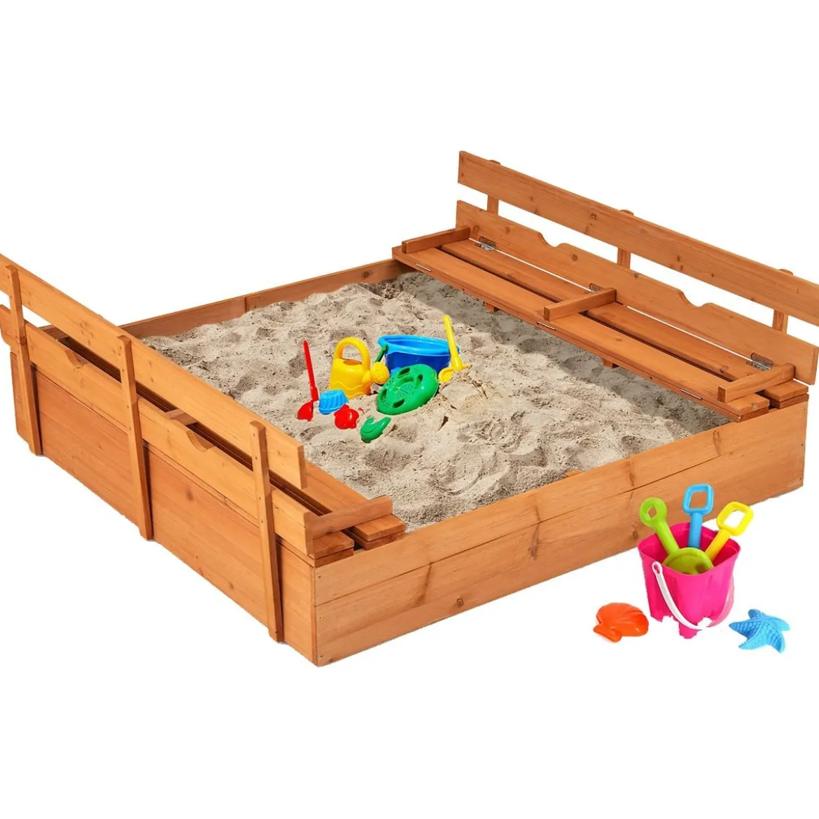 Kinder Sandkasten mit Sitzbänken Holz Sandkiste Sandbox mit Deckel & Bodenvlies 120 x 120 cm