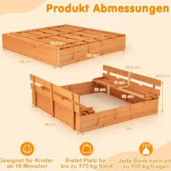 Kinder Sandkasten mit Sitzbänken Holz Sandkiste Sandbox mit Deckel & Bodenvlies 120 x 120 cm