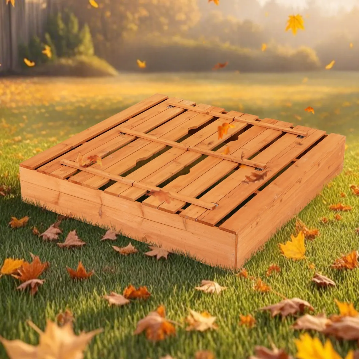 Kinder Sandkasten mit Sitzbänken Holz Sandkiste Sandbox mit Deckel & Bodenvlies 120 x 120 cm