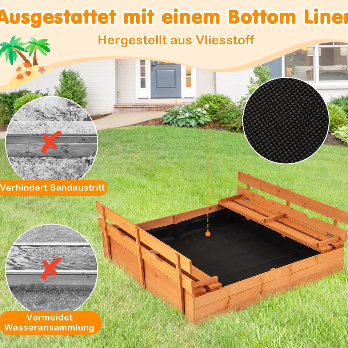 Kinder Sandkasten mit Sitzbänken Holz Sandkiste Sandbox mit Deckel & Bodenvlies 120 x 120 cm