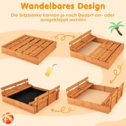 Kinder Sandkasten mit Sitzbänken Holz Sandkiste Sandbox mit Deckel & Bodenvlies 120 x 120 cm