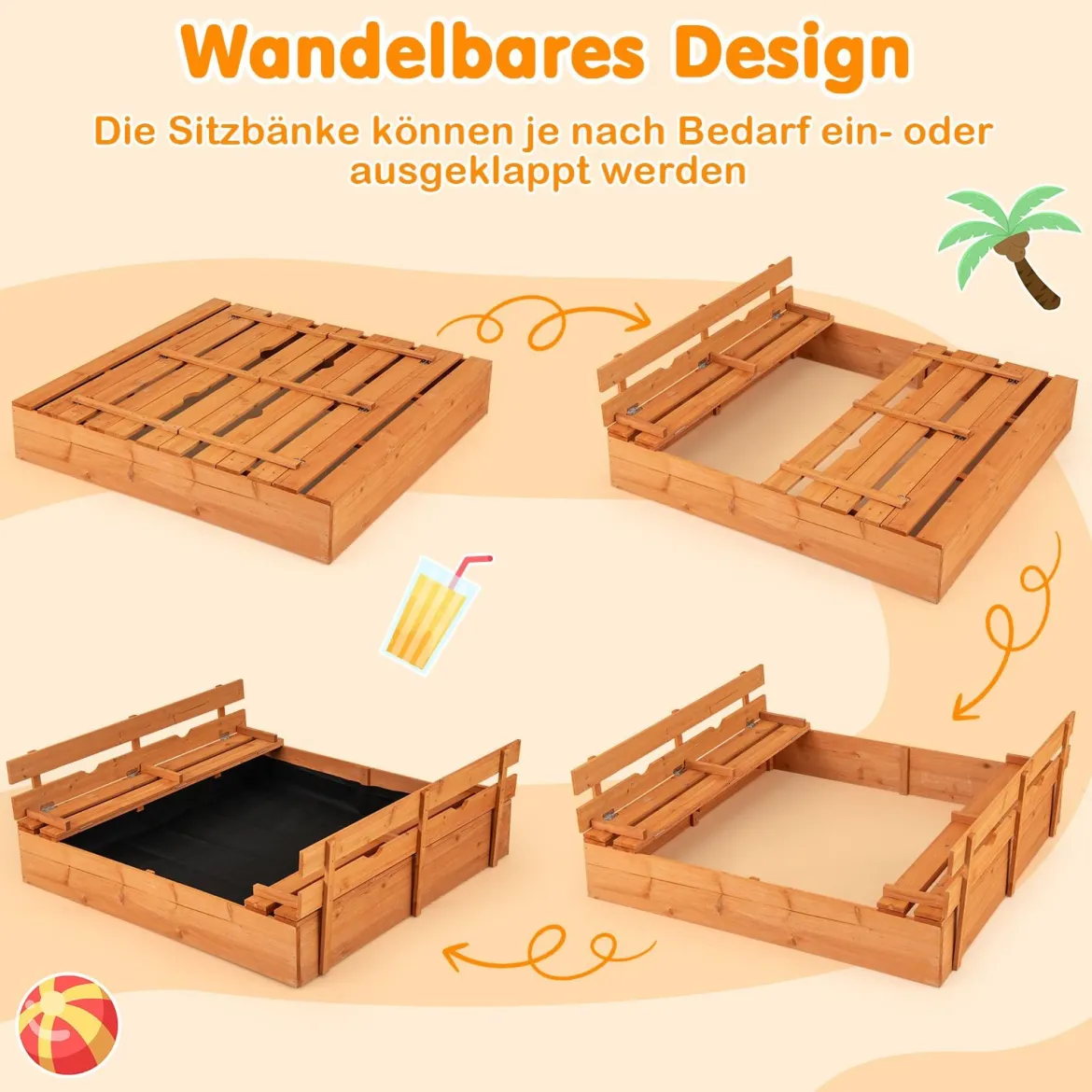 Kinder Sandkasten mit Sitzbänken Holz Sandkiste Sandbox mit Deckel & Bodenvlies 120 x 120 cm