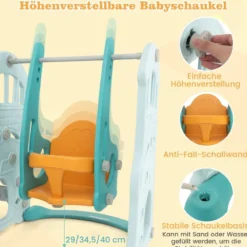 Kinderschaukel mit höhenverstellbarer Babyrutsche 4 in 1 Schaukel & Rutsche & Basketballkorb & Leiter Grün