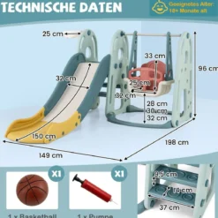 Kinderschaukel mit Rutsche höhenverstellbarer Sitz 4 in 1 Schaukel & Rutsche & Basketballkorb & Leiter für Kinder ab 18 Monaten