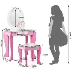 Kinder Schminktisch aus Holz mit Hocker & Abnehmbarer Spiegel & Schublade Rosa