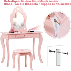 Kinder Schminktisch Frisiertisch Make-up Tisch mit Hocker und Spiegel Rosa