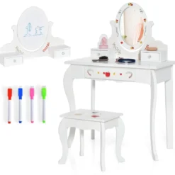 Kinder Schminktisch & Hocker Set Schminktisch mit 360° drehbarem Spiegel Weiß