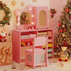 Kinder Schminktisch mit Beleuchtung Prinzessin Schminktisch & Stuhl Set mit 5 Schubladen & 2 Fächern Rosa