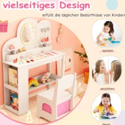 Kinderschminktisch mit Beleuchtung Prinzessinnen Frisiertisch & Stuhl Set mit 2 Schubladen Weiß