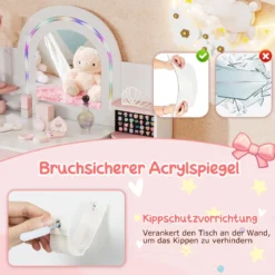 Kinder Schminktisch mit Beleuchtung & Buntem Spiegel Frisiertisch mit Regalen Kosmetiktisch Weiß