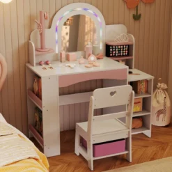 Kinder Schminktisch mit Beleuchtung & Buntem Spiegel Frisiertisch mit Regalen Kosmetiktisch Weiß