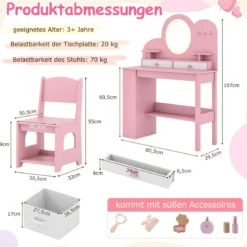 Kinderschminktisch mit Beleuchtung Prinzessinnen Frisiertisch & Stuhl Set mit 2 Schubladen Rosa