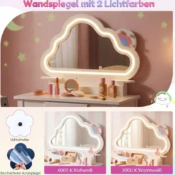 Kinder Schminktisch mit Beleuchtung Wolken-Spiegel 3 Schmuckhaken für Kinder von 3-6 Jahren Weiß