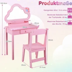 Kinder Schminktisch mit Beleuchtung Wolken-Spiegel 3 Schmuckhaken für Kinder von 3-6 Jahren Rosa