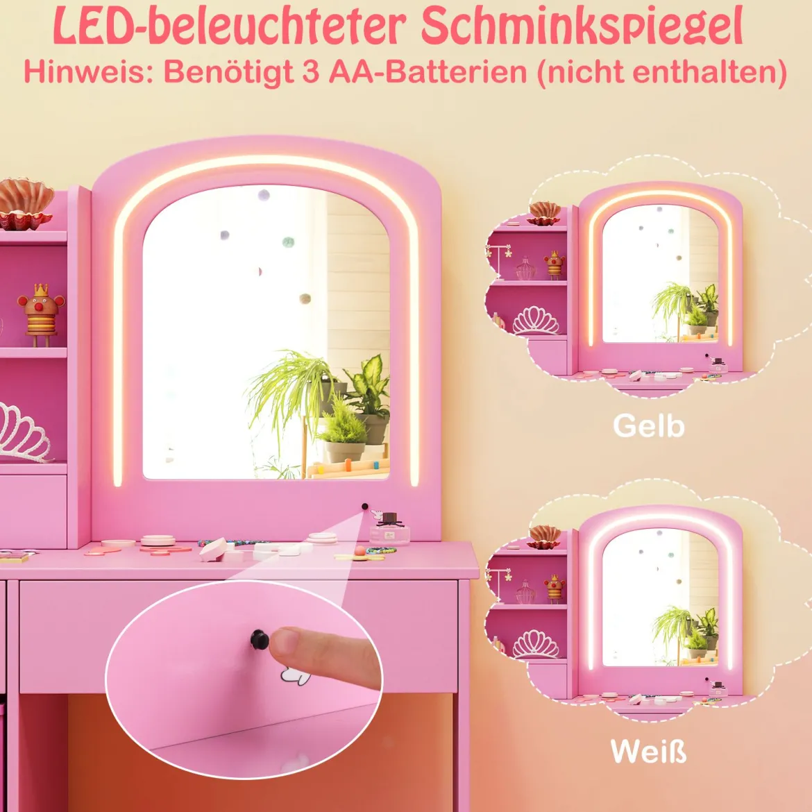 Kinder Schminktisch mit Beleuchtung Kinderschminktisch mit Spiegel Frisiertisch Rosa