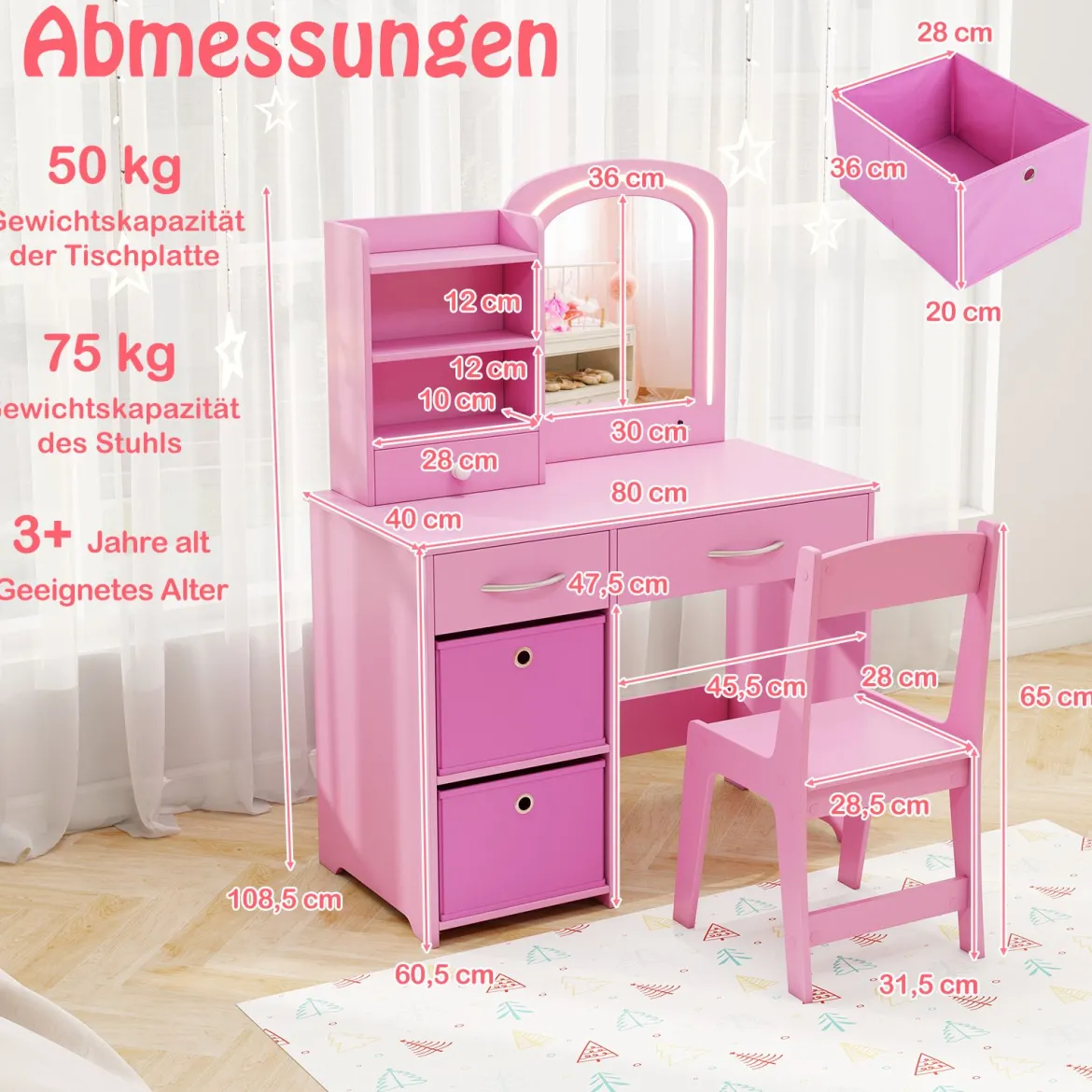 Kinder Schminktisch mit Beleuchtung Kinderschminktisch mit Spiegel Frisiertisch Rosa