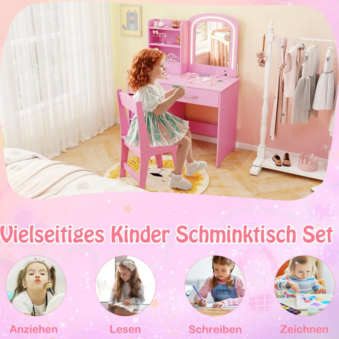 Kinder Schminktisch mit Beleuchtung Kinderschminktisch mit Spiegel Frisiertisch Rosa