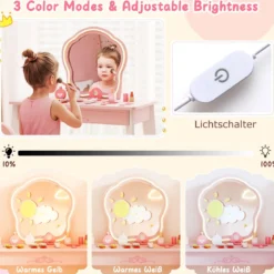 Kinder Schminktisch mit Drehstuhl & Friseurwagen Friseurtisch mit Verstellbarer Beleuchtung Rosa