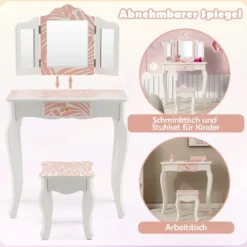 Kinder Schminktisch mit Hocker & dreifach klappbarem Spiegel & Schublade Zebra