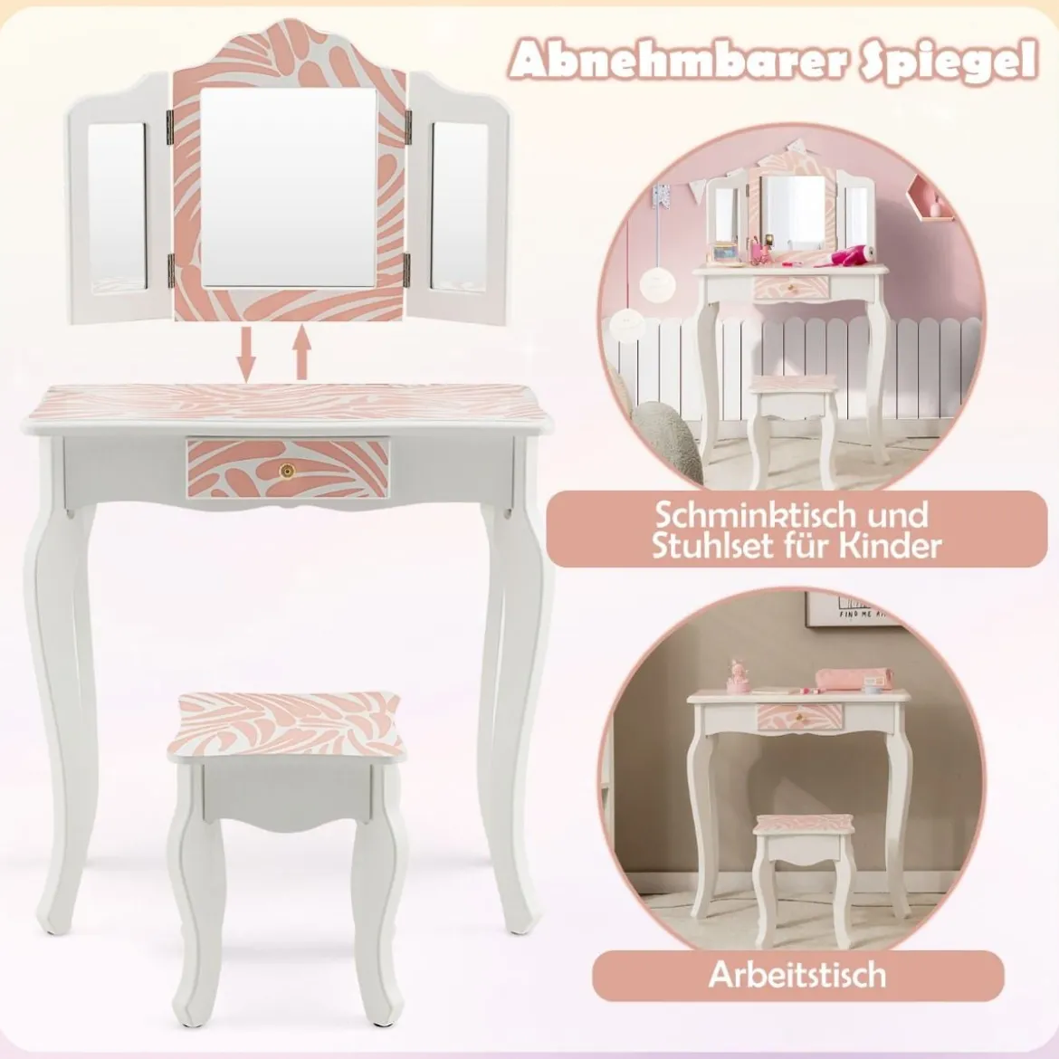 Kinder Schminktisch mit Hocker & dreifach klappbarem Spiegel & Schublade Zebra