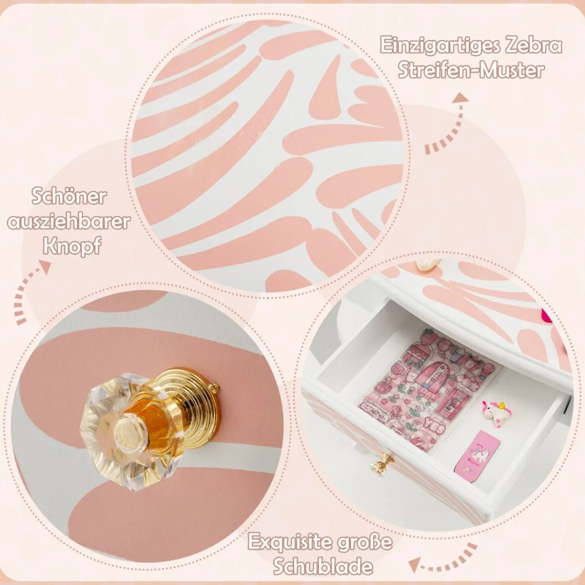 Kinder Schminktisch mit Hocker & dreifach klappbarem Spiegel & Schublade Zebra