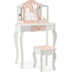 Kinder Schminktisch mit Hocker & dreifach klappbarem Spiegel & Schublade Zebra