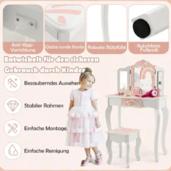 Kinder Schminktisch mit Hocker & dreifach klappbarem Spiegel & Schublade Zebra