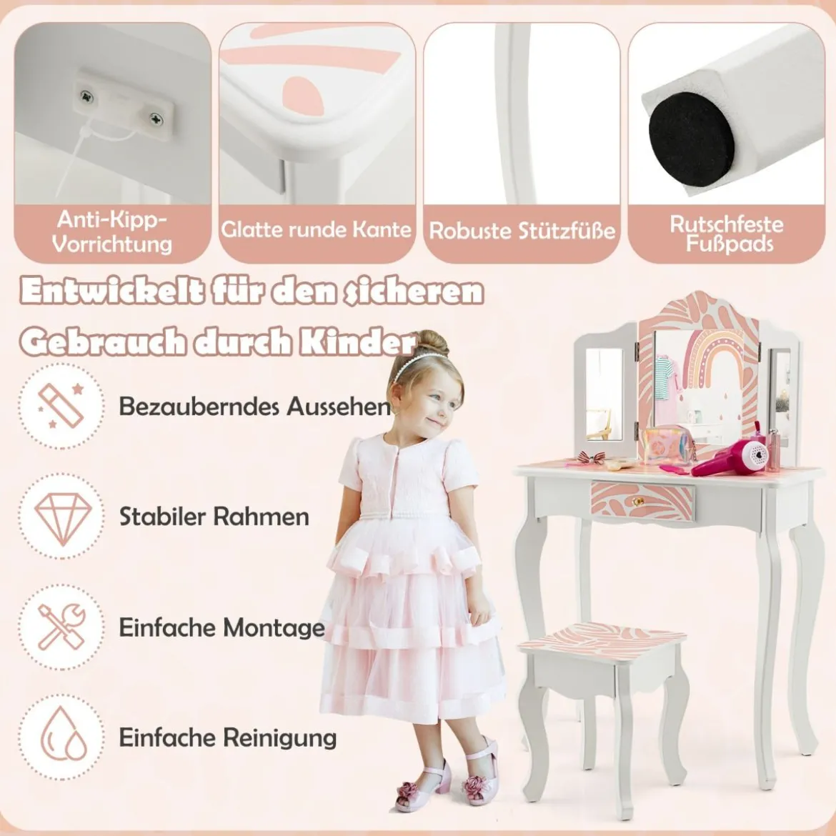 Kinder Schminktisch mit Hocker & dreifach klappbarem Spiegel & Schublade Zebra