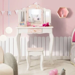 Kinder Schminktisch mit Hocker & dreifach klappbarem Spiegel & Schublade Zebra