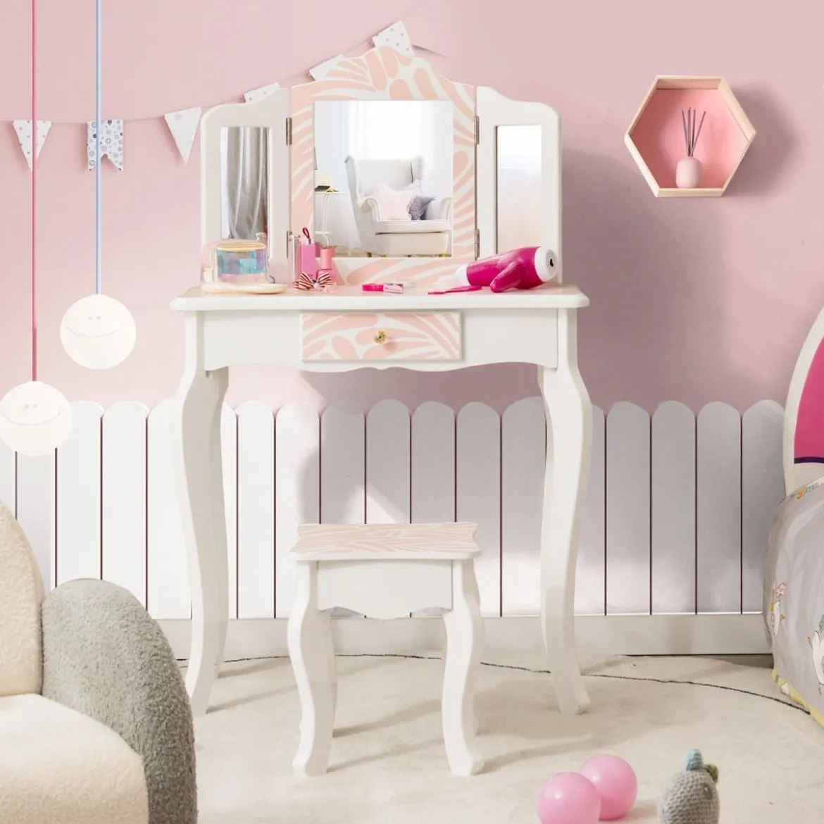 Kinder Schminktisch mit Hocker & dreifach klappbarem Spiegel & Schublade Zebra