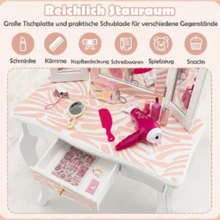 Kinder Schminktisch mit Hocker & dreifach klappbarem Spiegel & Schublade Zebra
