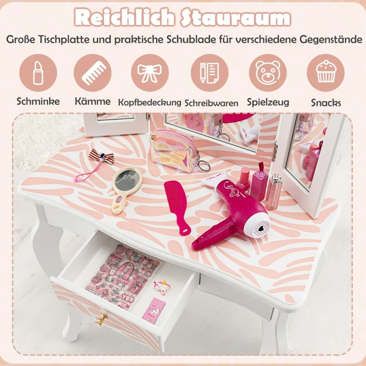 Kinder Schminktisch mit Hocker & dreifach klappbarem Spiegel & Schublade Zebra