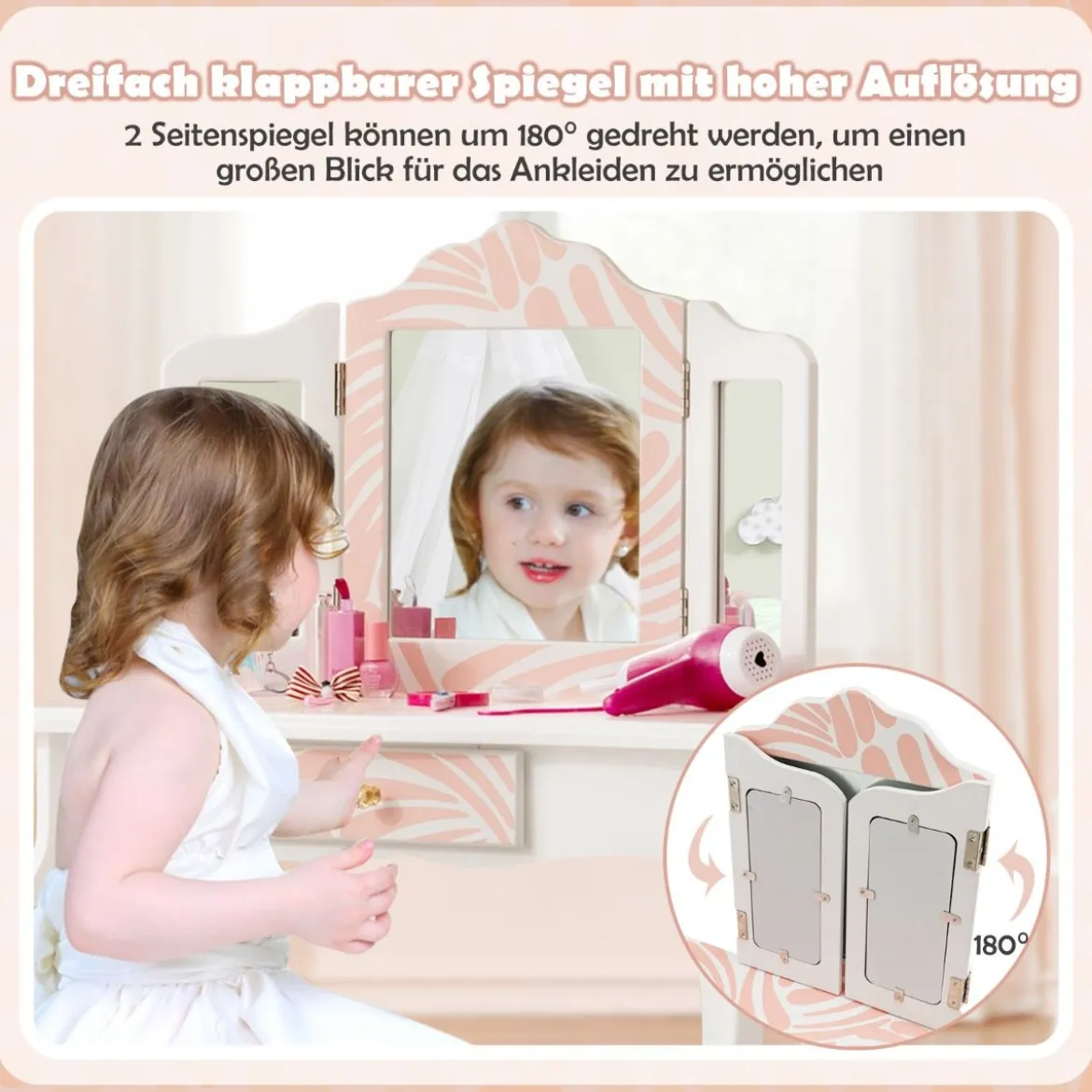 Kinder Schminktisch mit Hocker & dreifach klappbarem Spiegel & Schublade Zebra