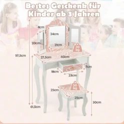 Kinder Schminktisch mit Hocker & dreifach klappbarem Spiegel & Schublade Zebra