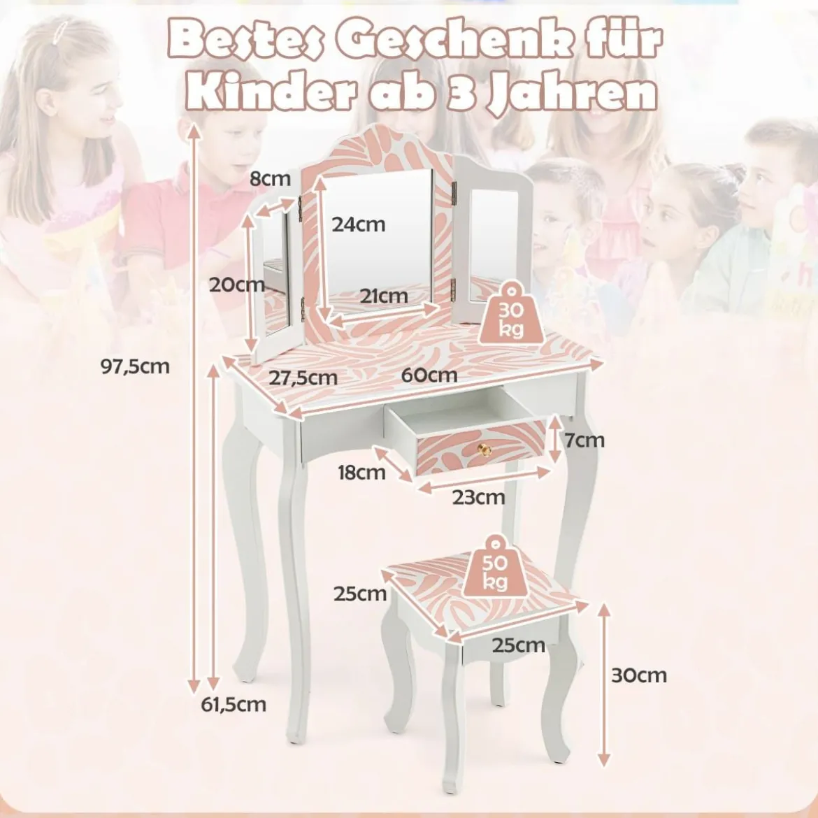 Kinder Schminktisch mit Hocker & dreifach klappbarem Spiegel & Schublade Zebra