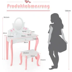 Kinder Schminktisch mit Hocker Prinzessin Frisiertisch mit 3 Schublade & Spiegel Weiß/Rosa