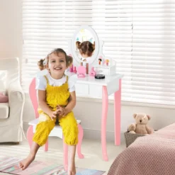 Kinder Schminktisch mit Hocker Prinzessin Frisiertisch mit 3 Schublade & Spiegel Weiß/Rosa
