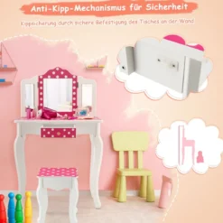 Kinder Schminktisch mit Hocker & dreifach klappbarem Spiegel & Schublade Punkt