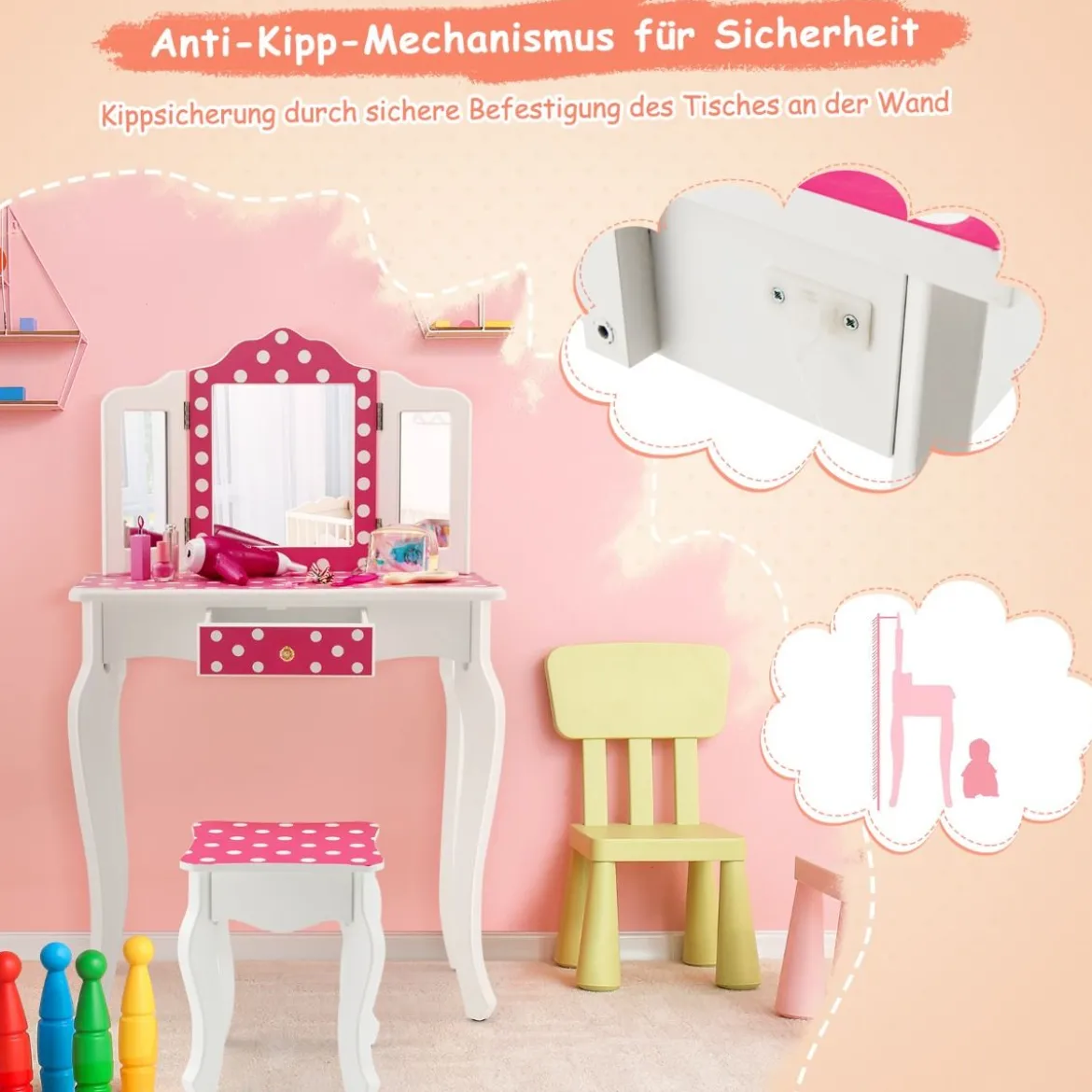 Kinder Schminktisch mit Hocker & dreifach klappbarem Spiegel & Schublade Punkt