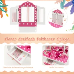 Kinder Schminktisch mit Hocker & dreifach klappbarem Spiegel & Schublade Punkt