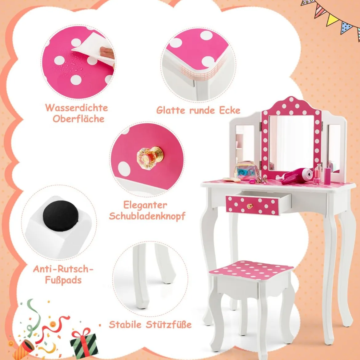Kinder Schminktisch mit Hocker & dreifach klappbarem Spiegel & Schublade Punkt