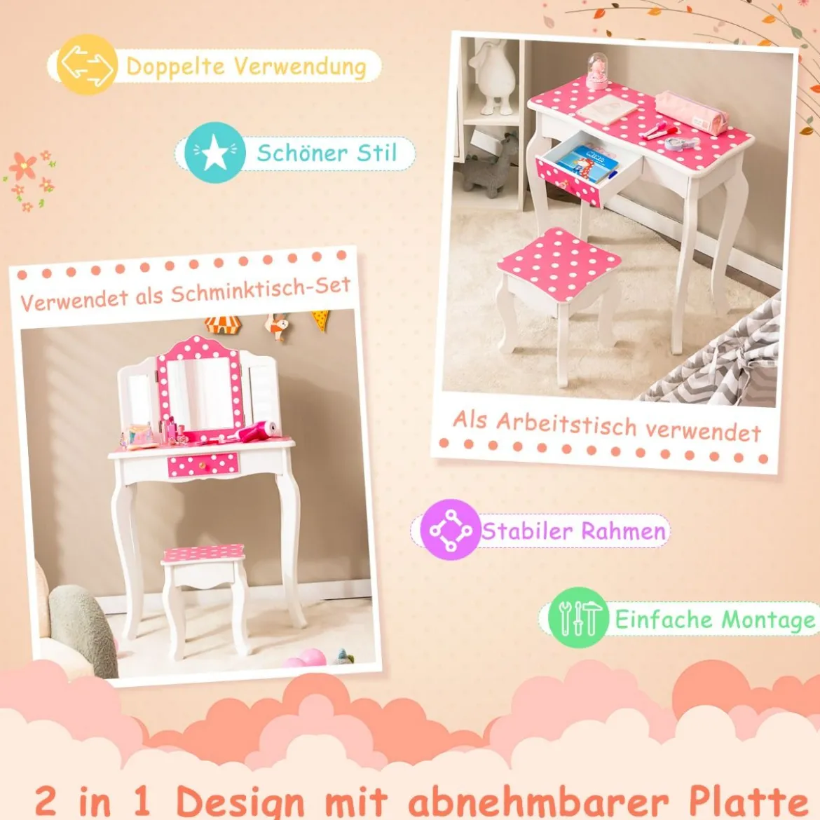 Kinder Schminktisch mit Hocker & dreifach klappbarem Spiegel & Schublade Punkt