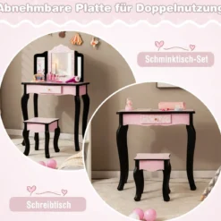 Kinder Schminktisch mit Hocker & dreifach klappbarem Spiegel & Schublade Leopard
