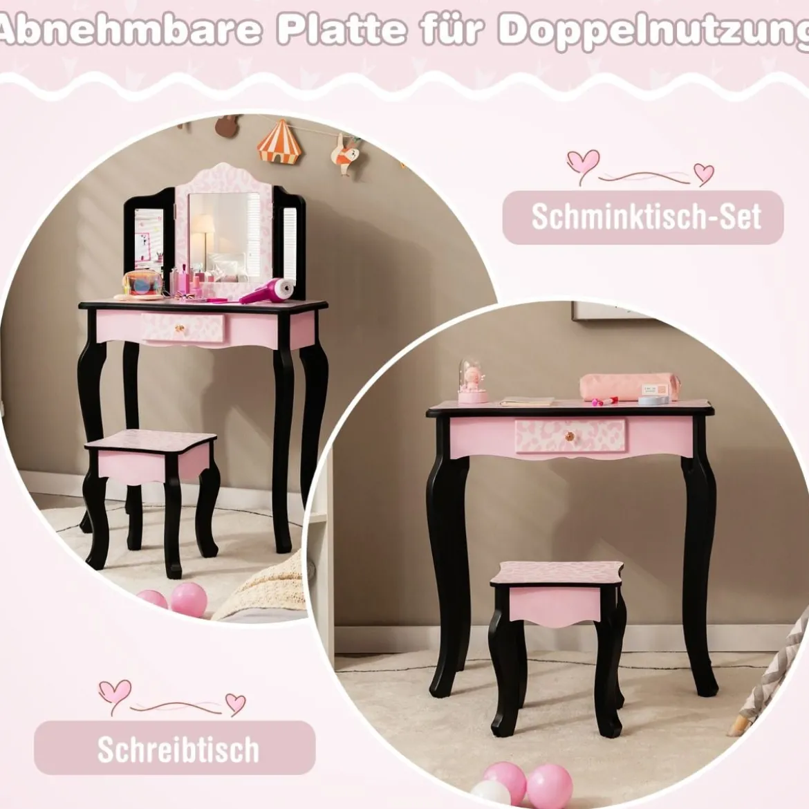 Kinder Schminktisch mit Hocker & dreifach klappbarem Spiegel & Schublade Leopard
