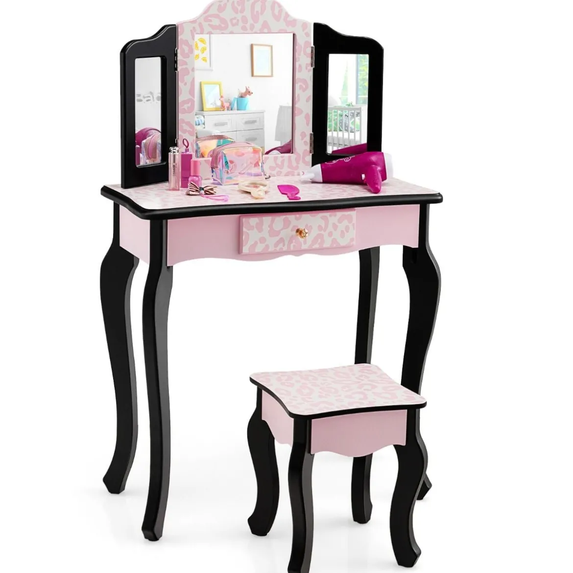 Kinder Schminktisch mit Hocker & dreifach klappbarem Spiegel & Schublade Leopard