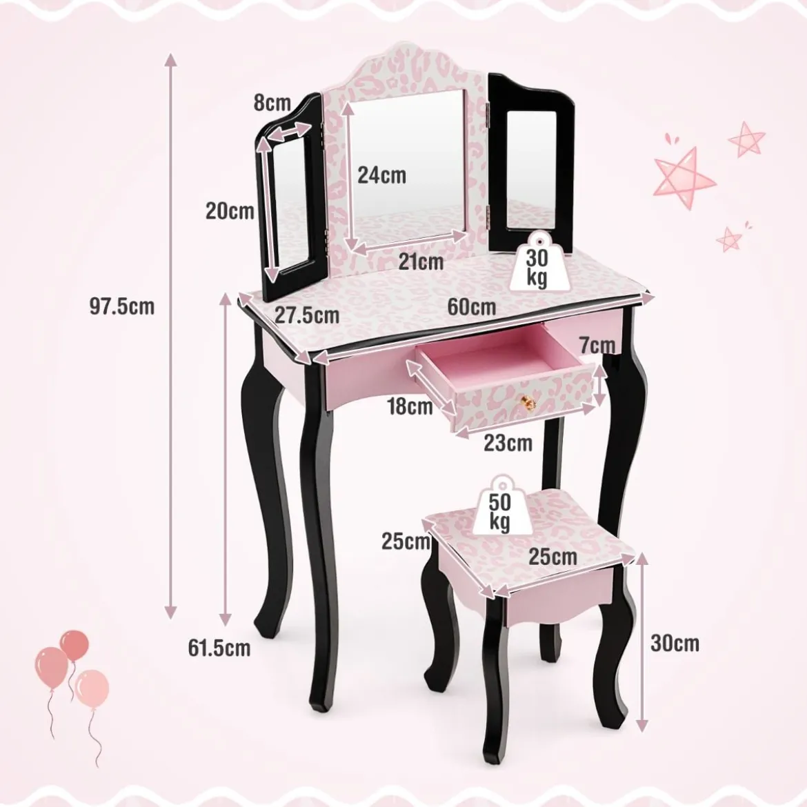 Kinder Schminktisch mit Hocker & dreifach klappbarem Spiegel & Schublade Leopard