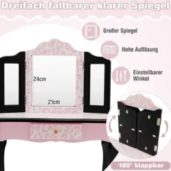 Kinder Schminktisch mit Hocker & dreifach klappbarem Spiegel & Schublade Leopard