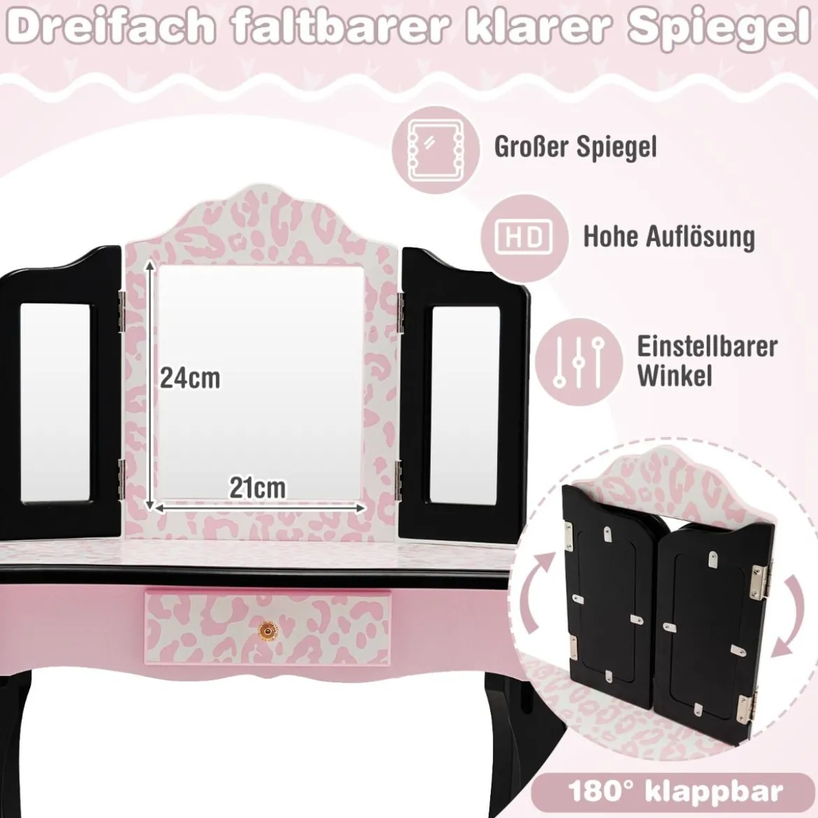 Kinder Schminktisch mit Hocker & dreifach klappbarem Spiegel & Schublade Leopard
