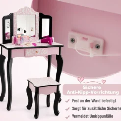 Kinder Schminktisch mit Hocker & dreifach klappbarem Spiegel & Schublade Leopard