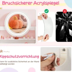 Kinder Schminktisch mit Spiegel & Licht Prinzessin Spieltisch mit Regal Ringschlitzen & gepolstertem Hocker Weiß